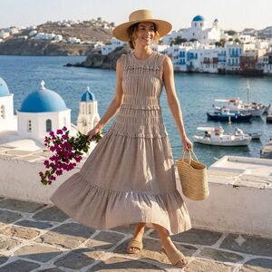 NWT Caroline Constas Tan Gingham Maxi Dress